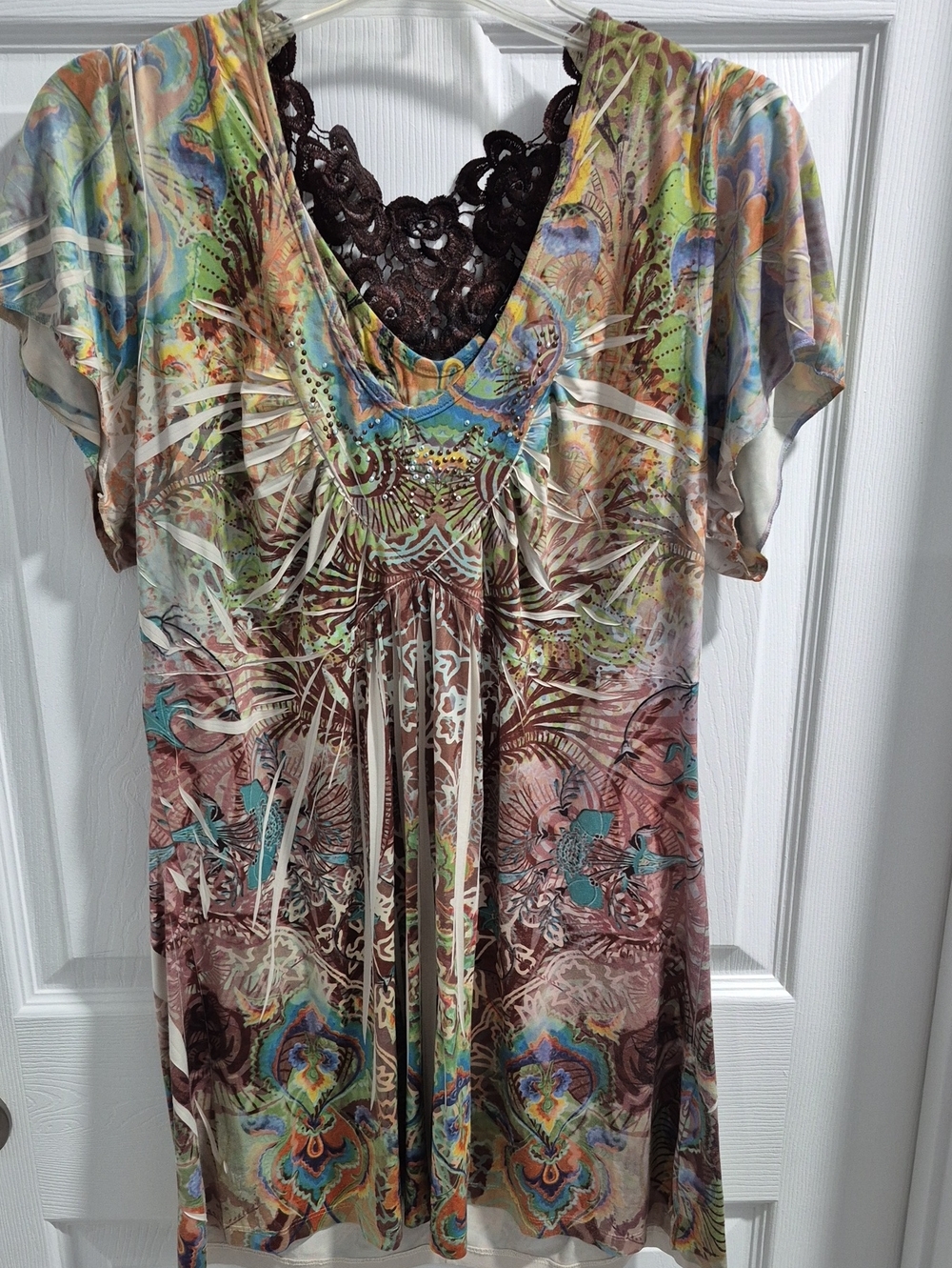 Apt. 9 Multicolor Printed V-Neck Tunic with Brown Lace Trim